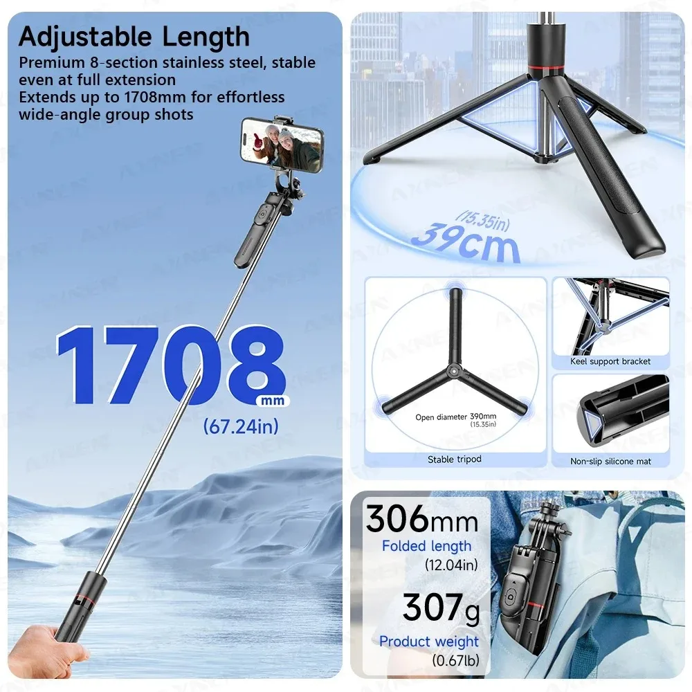 Video Head Tripod Carbon Fiber - F16 셀카봉 삼각대, 1708mm 길이의 8단